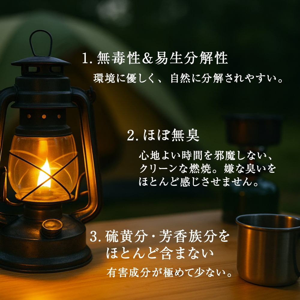 グッドポイント：無毒性＆易生分解性。ほぼ無臭。硫黄分・芳香族分をほとんど含まない。