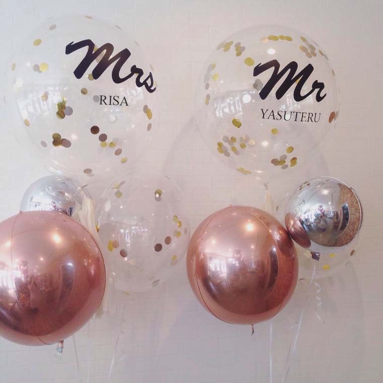 ウェルカムスペースや結婚のお祝いにも！ Ｍｒ＆Ｍｒｓバルーン　コロンと可愛いフォービーローズゴールド-バルーンギフトのモモノバルーンオンライン