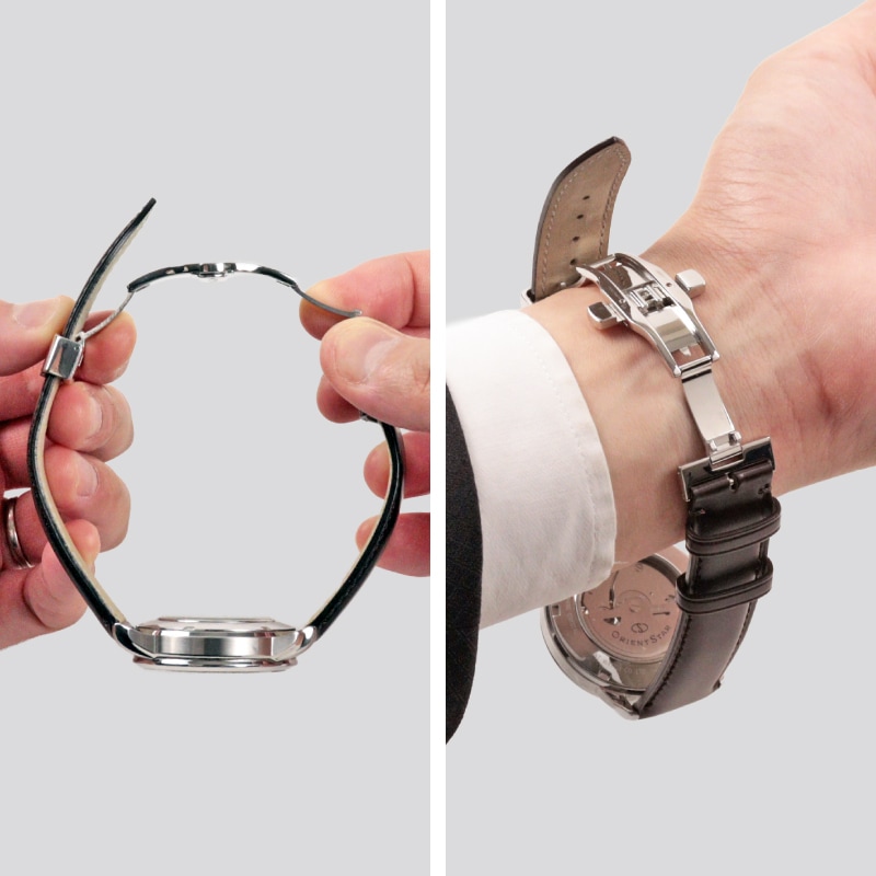 バックルを装着した時計がブレスレットのように円形を保っている様子