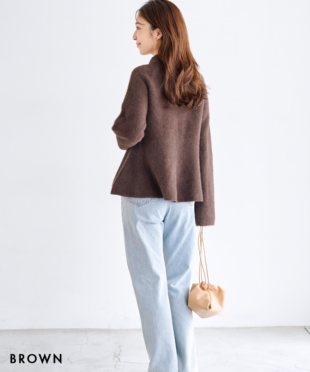 PLST フェザーヤーンニットコート ブラウン S フェザーヤーンニット