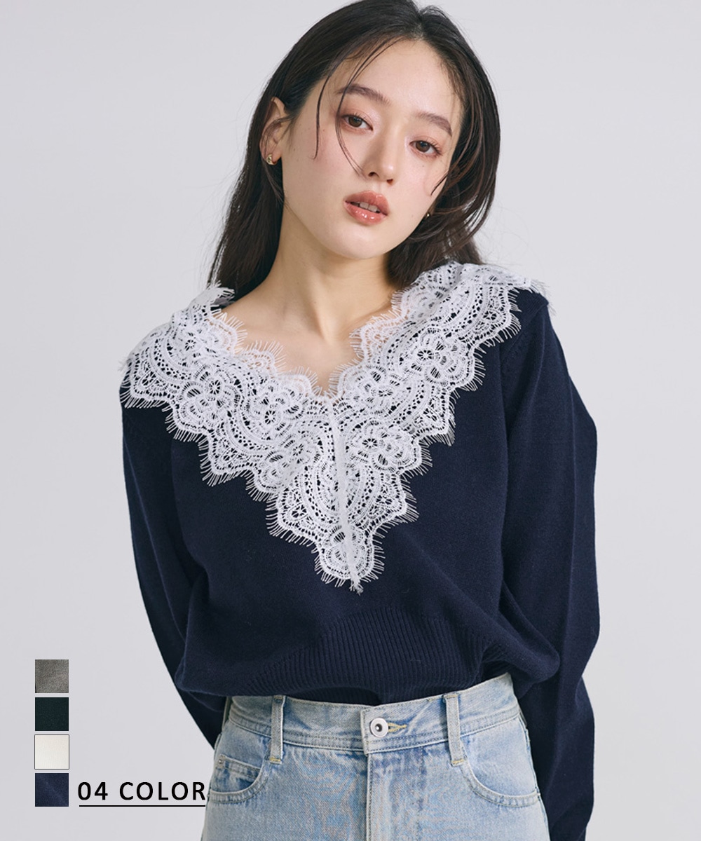 Vネックレースニット