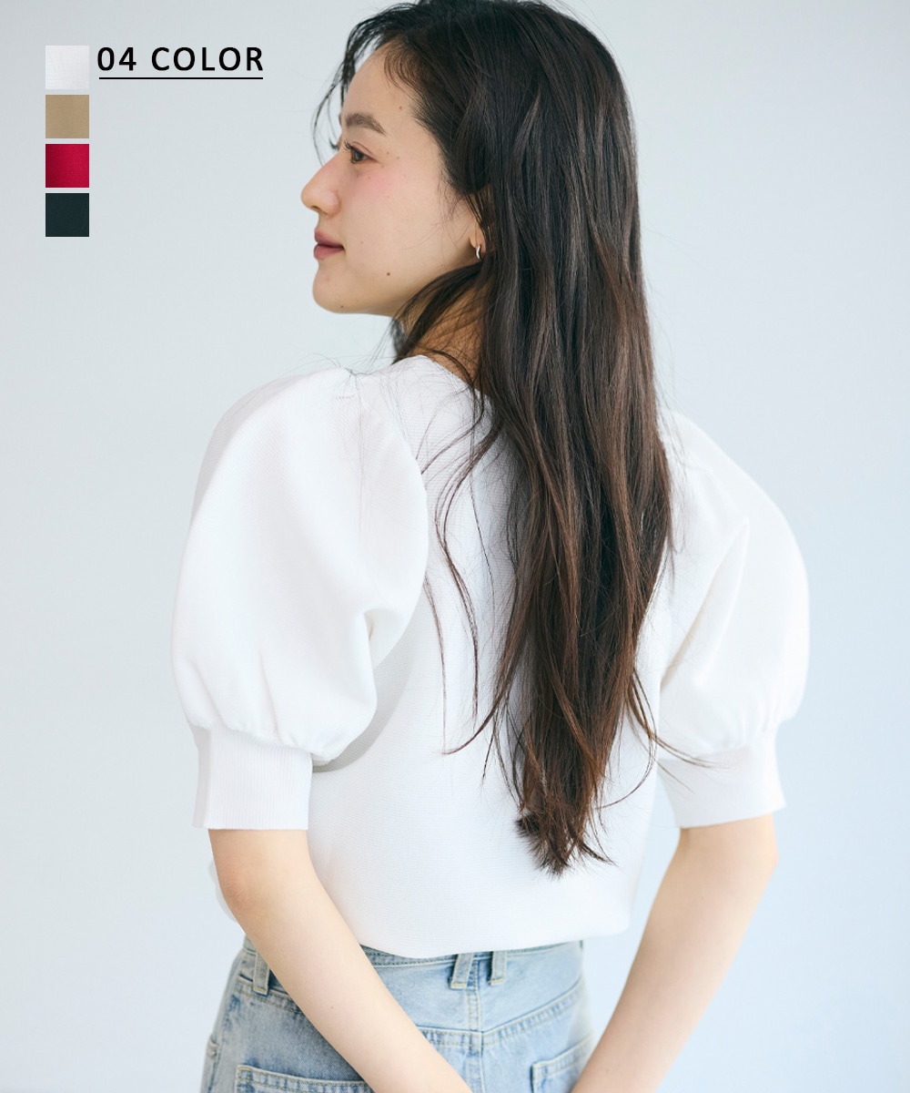 パフスリーブ半袖ニットトップス