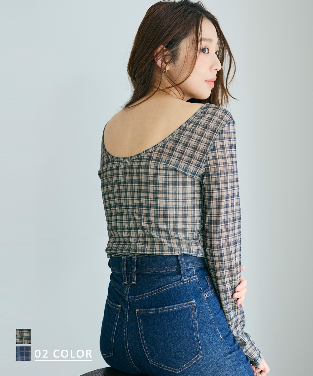 バックシャンチェックシアートップス