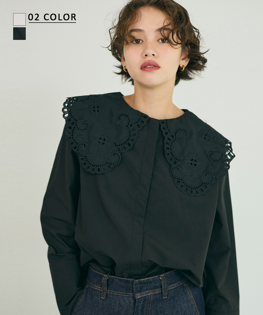 刺繍ビッグカラー長袖ブラウス