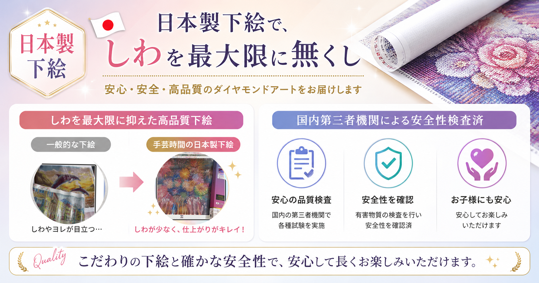 日本製下絵でしわを最大限に抑え、国内第三者機関による安全性検査済