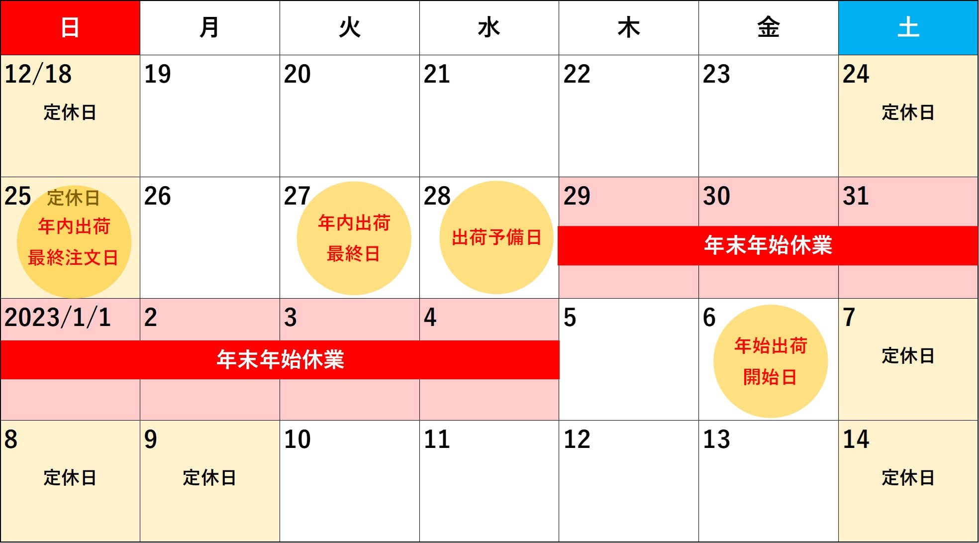 重要】年末年始の休業日・お届けスケジュールにつきまして｜お知らせ