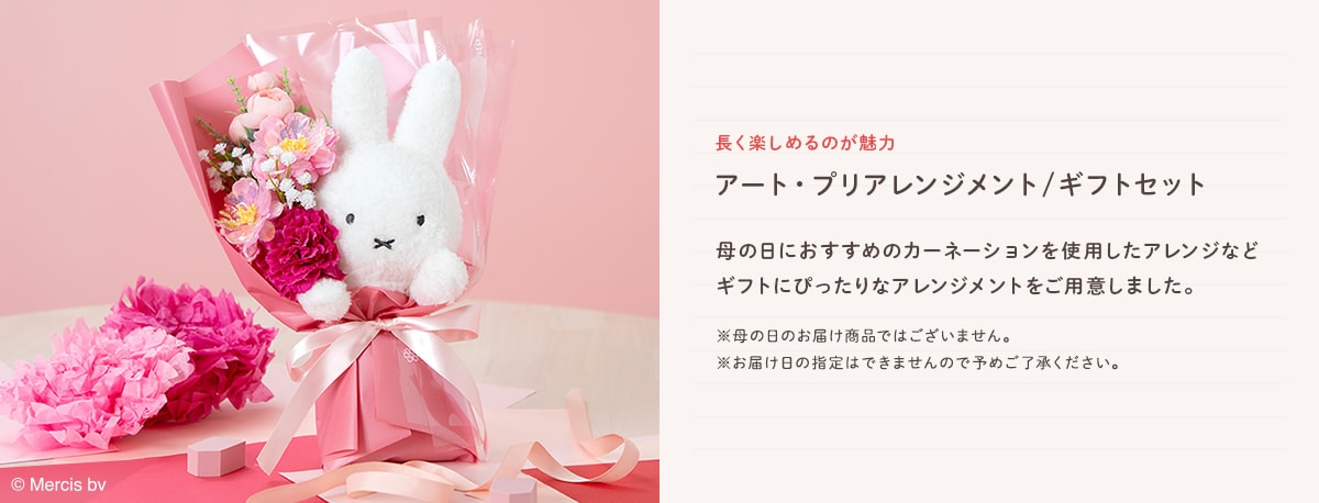 長く楽しめるのが魅力 アート・プリアレンジメント/ギフトセット 母の日におすすめのカーネーションを使用したアレンジなどギフトにぴったりなアレンジメントをご用意しました。 以下の点にご注意ください。母の日のお届け商品ではございません。お届け日の指定はできませんので予めご了承ください。
