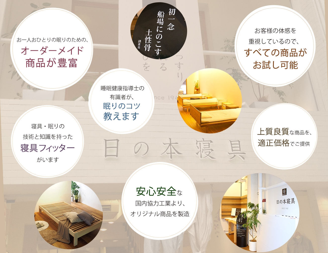 ■お一人おひとりの眠りのための、オーダーメイド商品が豊富。■お客様の体感を重視しているので、すべての商品がお試し可能。■睡眠健康指導士の有識者が、眠りのコツ教えます。■寝具・眠りの技術と知識を持った寝具フィッターがいます。■上質良質な商品を、適正価格でご提供。■安心安全な国内協力工業より、オリジナル商品を製造。