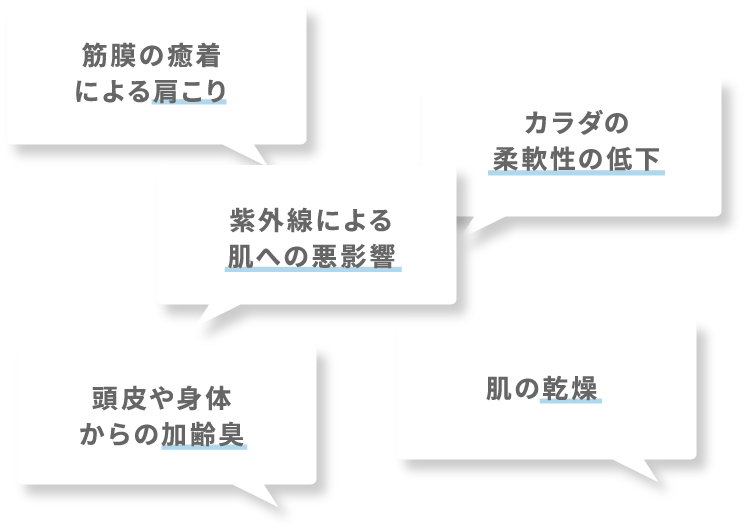 筋膜の癒着による肩こり、カラダの柔軟性の低下、紫外線による肌への悪影響、頭皮や身体からの加齢臭、肌の乾燥