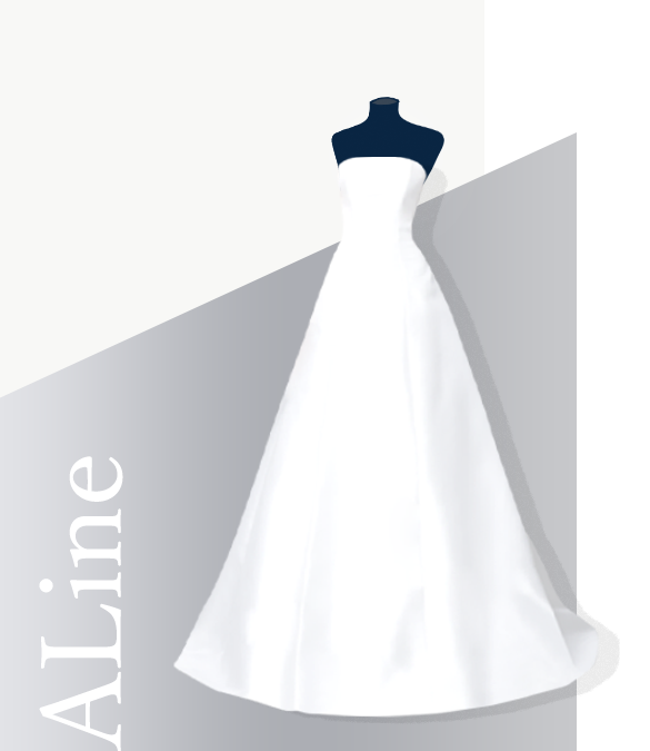 すっきりした上半身と、ウエストのクビレラインから裾にかけて徐々にＡラインのように広がるドレスライント。ALine