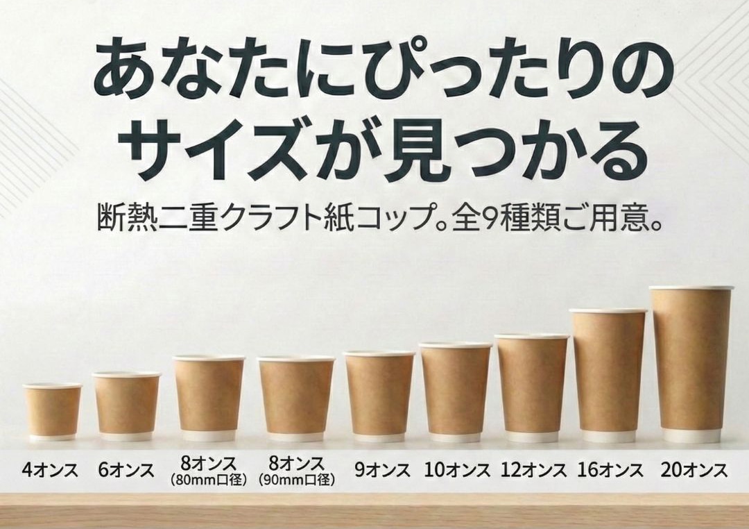 あなたにぴったりのサイズが見つかる 断熱二重クラフト紙コップ 全9種類