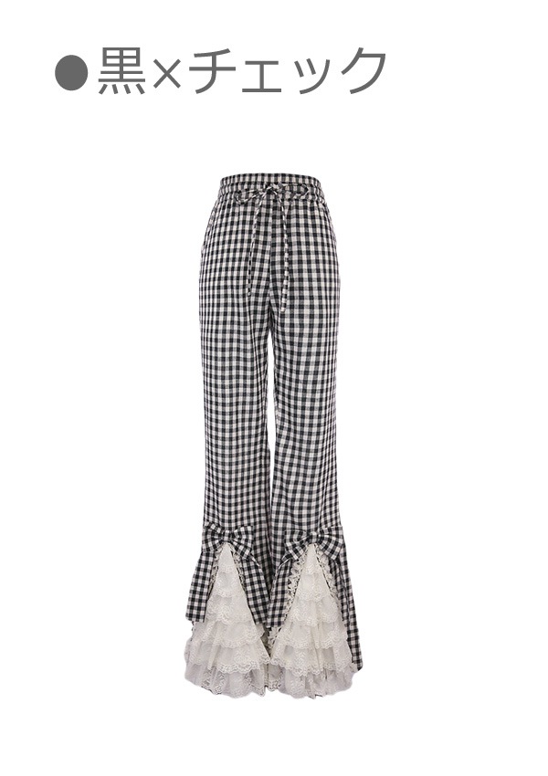 ガーリーファッションの裾レースクラシカルガーリーフレアパンツ  