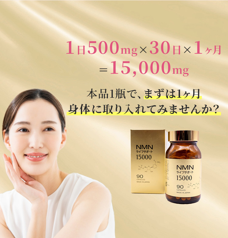 1日500mg×30日×1ヶ月=15,000mg本品1瓶で、まずは1ヶ月身体に取り入れてみませんか?