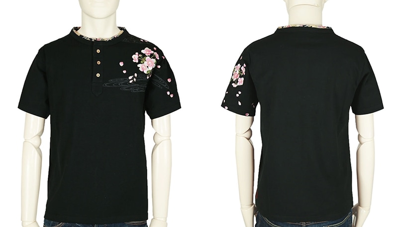 絡繰魂/カラクリダマシイ 流水桜 柄 ヘンリー ネック 和柄 半袖Tシャツ