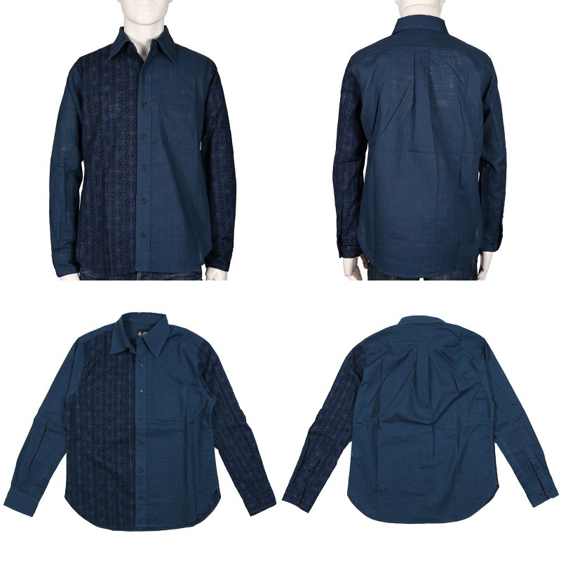 衣櫻 ころもざくら 縞麻ノ葉 柄 長袖 レギュラーシャツ ムラ糸クロス