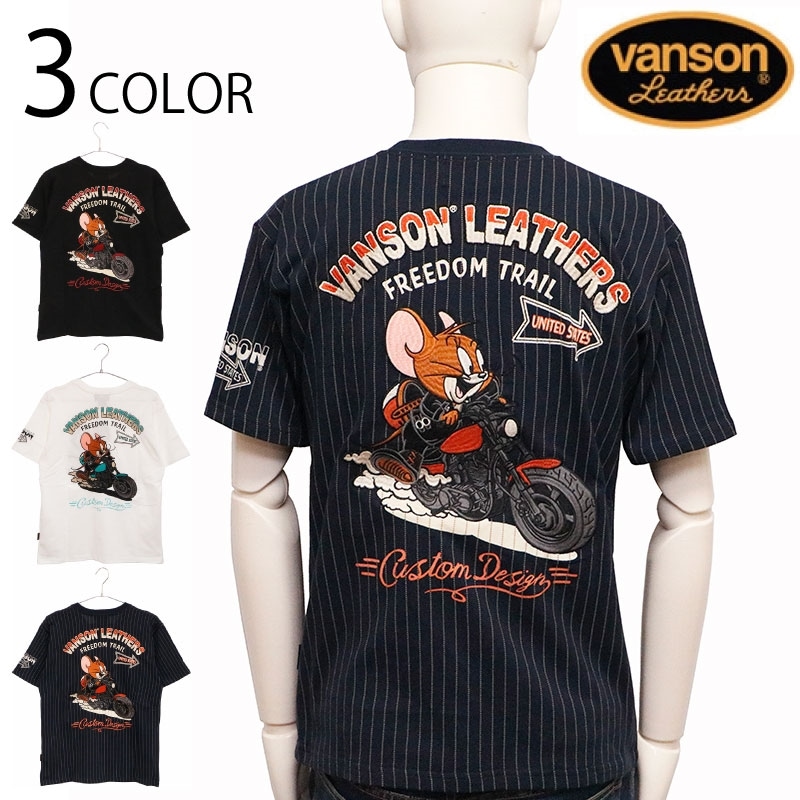 VANSON×トム＆ジェリー ジェリー アメリカンバイク 刺繍 天竺 半袖 Tシャツ （ TJV-2311 ）