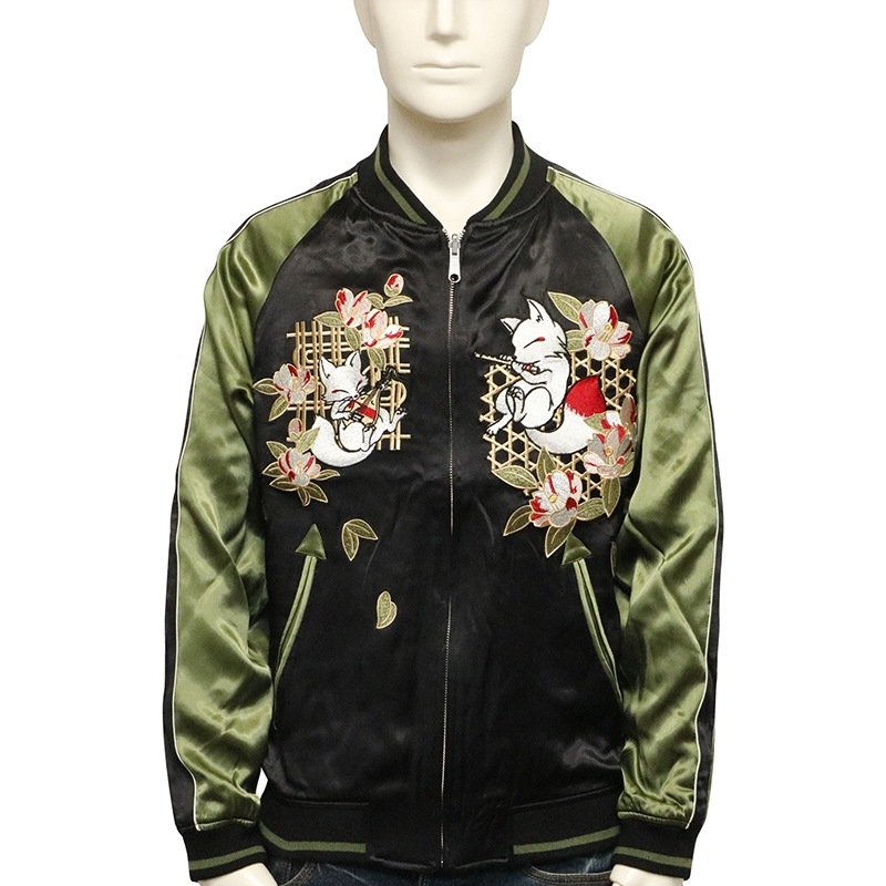 今昔 -KON-JAKU- 琵琶狐と狐笛の演奏 柄 刺繍 和柄 リバーシブル