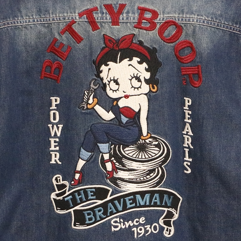 THE BRAVEMAN×BETTY BOOP 修理屋 ベティー 柄 刺繍 半袖 デニム シャツ （ BBB-2325 ）