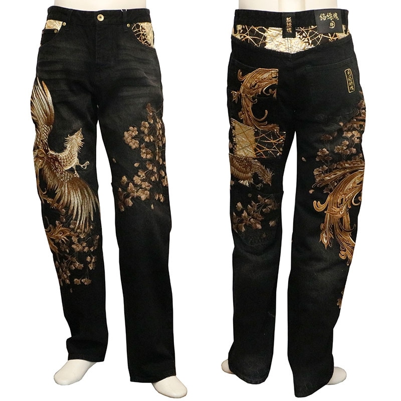 絡繰魂 粋 × 古都古都 鳳凰 柄 5連ポケット 刺繍 デニムパンツ