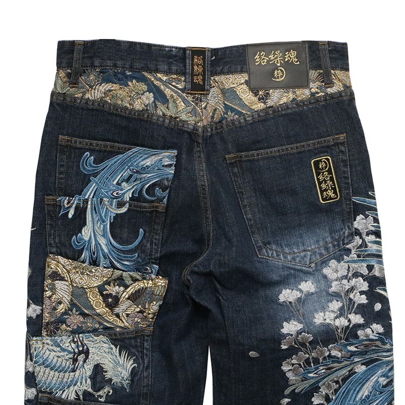 【希少・美品】絡繰魂 デニム 刺繍 5連ポケット 家紋 蝶 絡繰魂 デニム パンツ 蝶 時遊 5連 ポケット 刺繍 家紋 花