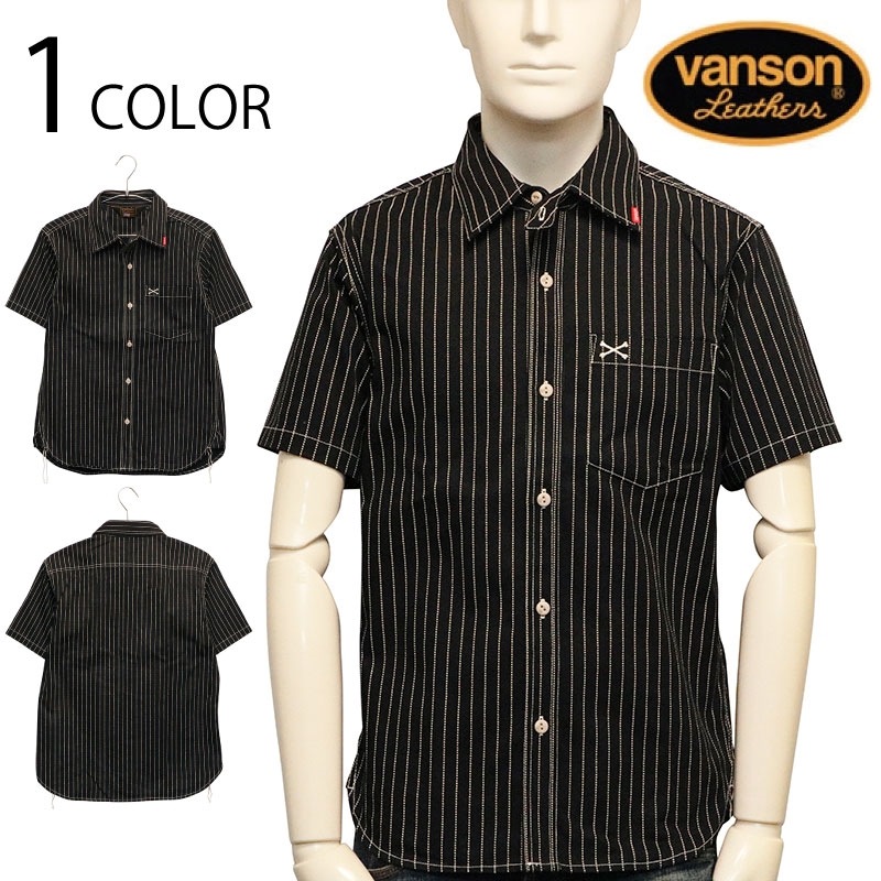 VANSON バンソン クロスボーンスカル ワンポイント ツイル 半袖 シャツ 