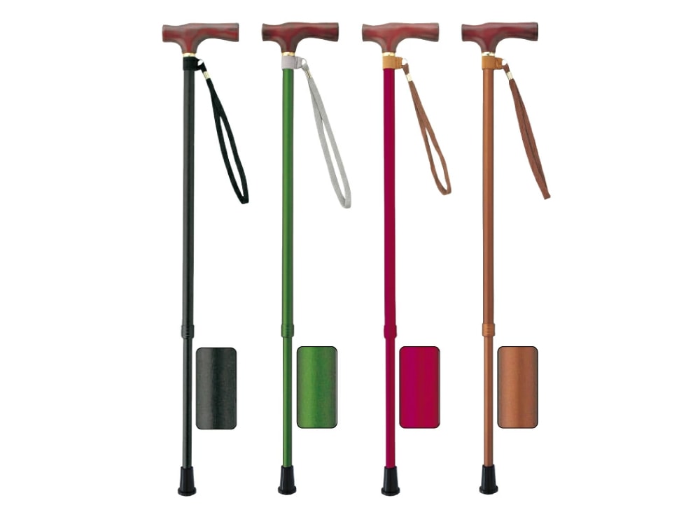 ささえ 2段伸縮ステッキ 雨にも負けず（天然木製グリップ／ブラック