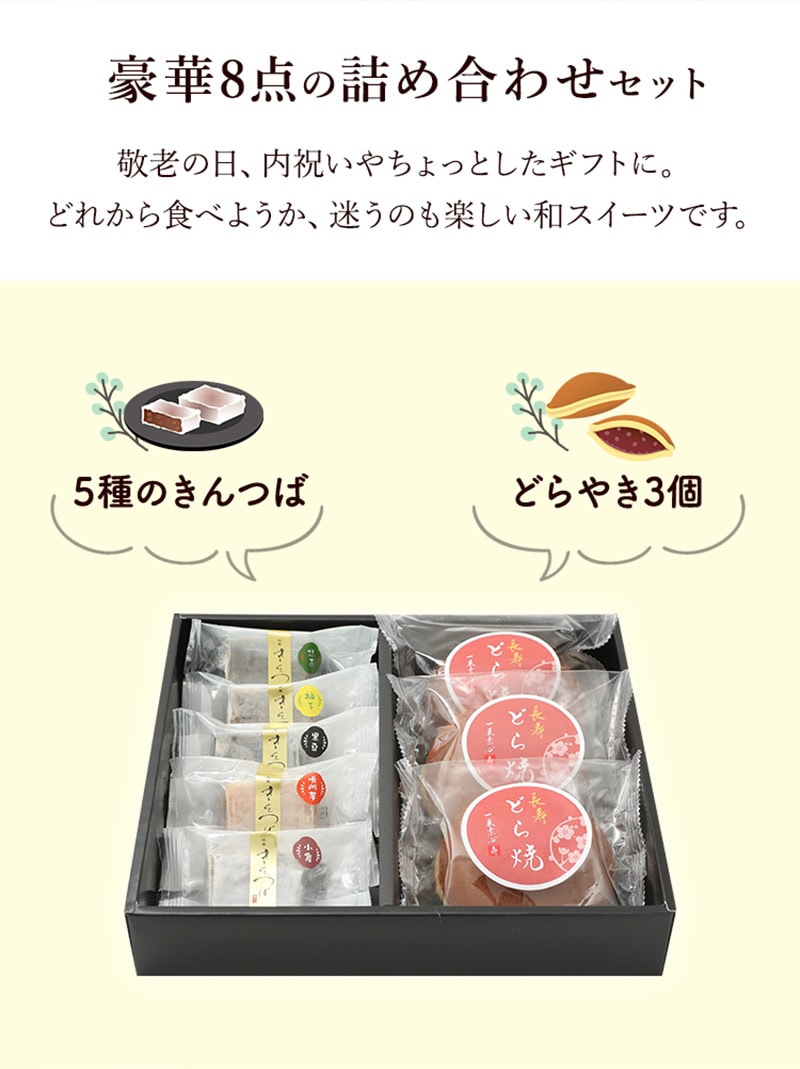 ギフト 送料無料 ふみこの和菓子セット6種8個 Br 北海道十勝小豆の粒あんをたっぷりはさんだどら焼きと Br 小倉 黒豆 柚子 鳴門金時 抹茶の5種類びきんつばセット 無添加あんぽ柿や梅うどん お得な梅干し 野菜にフルーツ ハローキティ立体ケーキの紀州グルメ専門