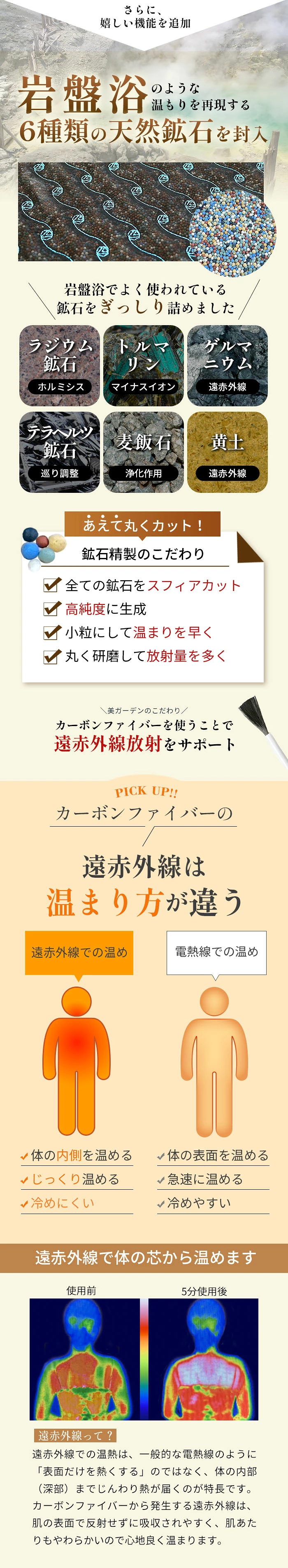 岩盤浴のような温もりを再現する6種類の天然鉱石を封入