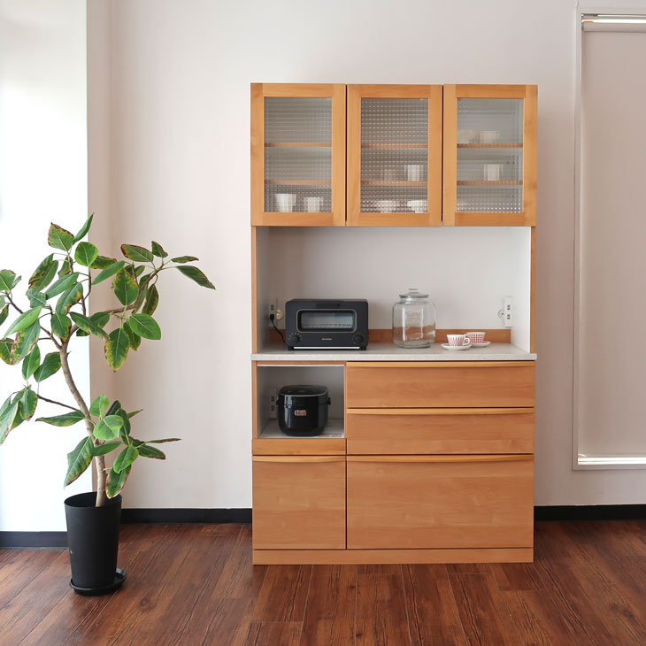 食器棚 ダイニングボード 幅120cm以下 アルダー材 ワッフルガラス チェッカーガラス モイス 人工大理石 国産 日本製 キッチン家具 グレイインテリア 株式会社カグリエ