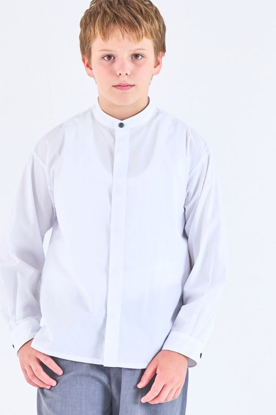 【WEB限定】比翼バンドカラーシャツ 140 150 160 170cm CHOPINblue/ショパンブルー　（2573-5652）