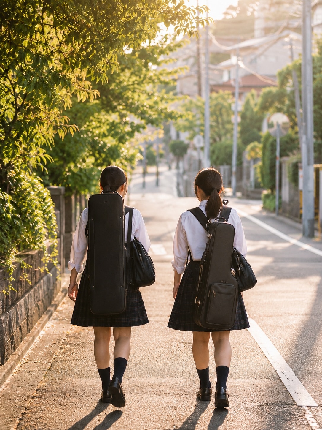楽器ケースを背負って下校する吹奏楽部の生徒たち