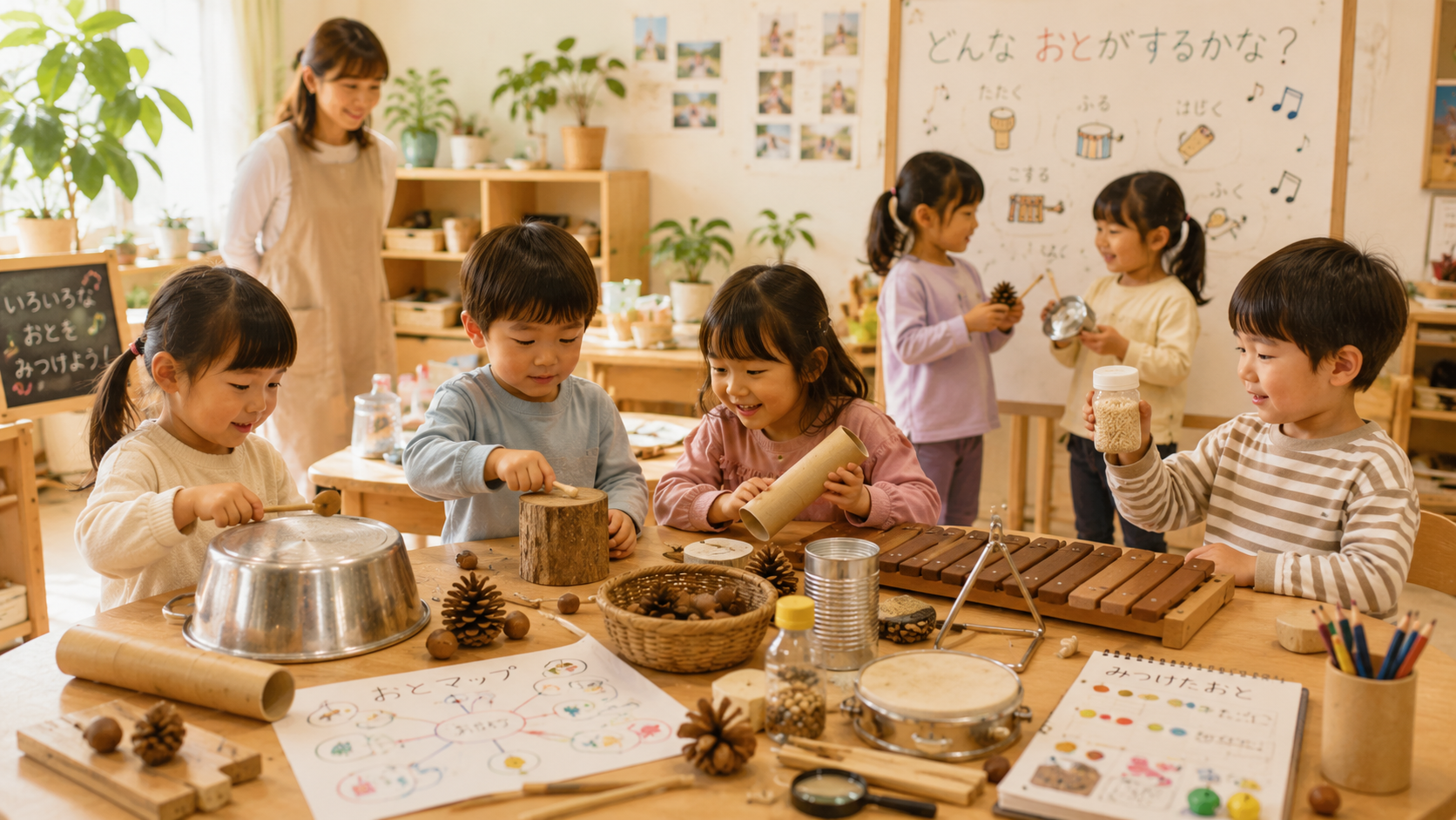 子どもたちが身近な素材や楽器を使って音の探究活動を楽しむ様子