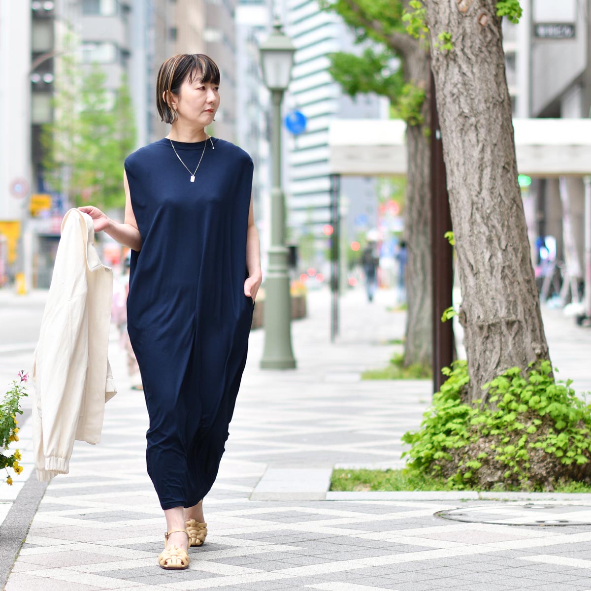 three dots【スリードッツ】ノースリーブワンピース LG5008Y 793 NAVY