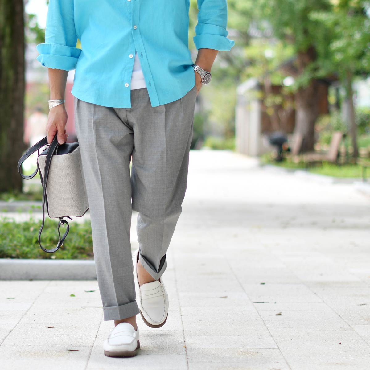 未使用品級　BERWICH 春夏ウール スラックス 　裾ダブル44　ライトグレー BERWICH（ベルウィッチ） ベルウィッチ / BARBER ヴァージンウール100