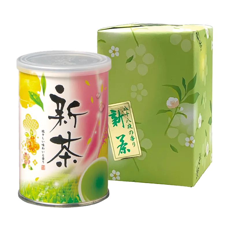2026年新茶、梅。缶詰茶　緑と桃色のパッケージ　簡易包装　ギフト向け