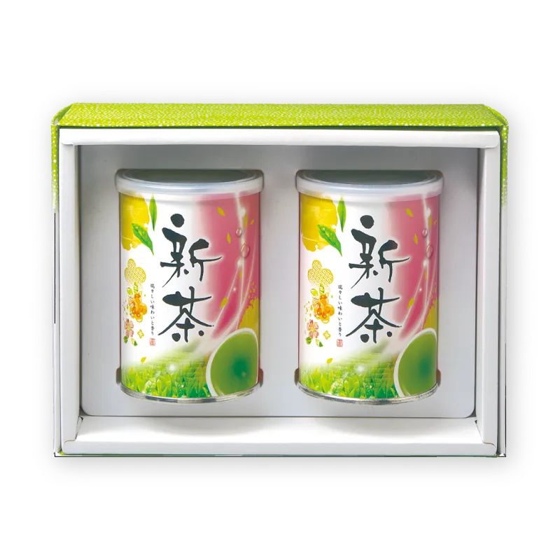 2026年新茶、梅。缶詰茶２本入り　緑と桃色のパッケージ　蓋付き化粧箱入り　ギフト向け