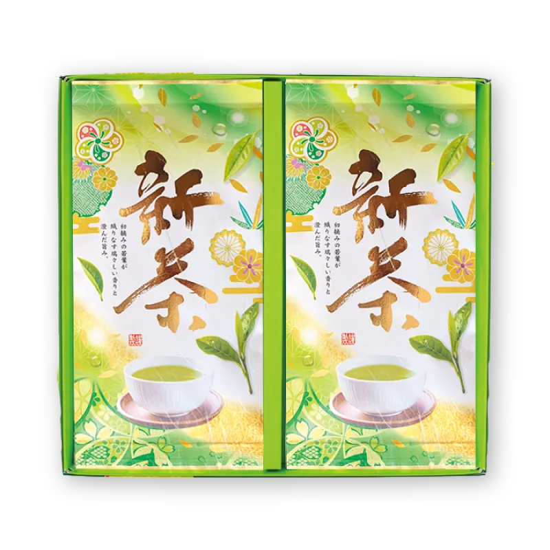 2026年新茶　竹。金の箔押し　明るい緑色のパッケージ　2本入り　横並び　蓋付き化粧箱　包装済み