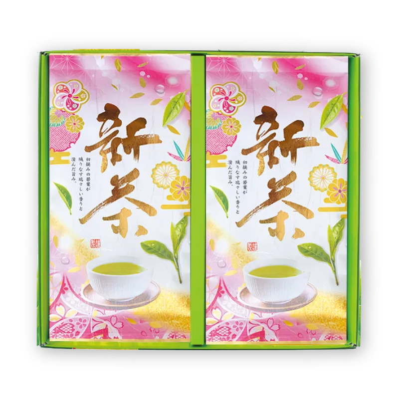 2026年新茶　梅。金の箔押し　桃色のパッケージ　2本入り　横並び　蓋付き化粧箱　包装済み