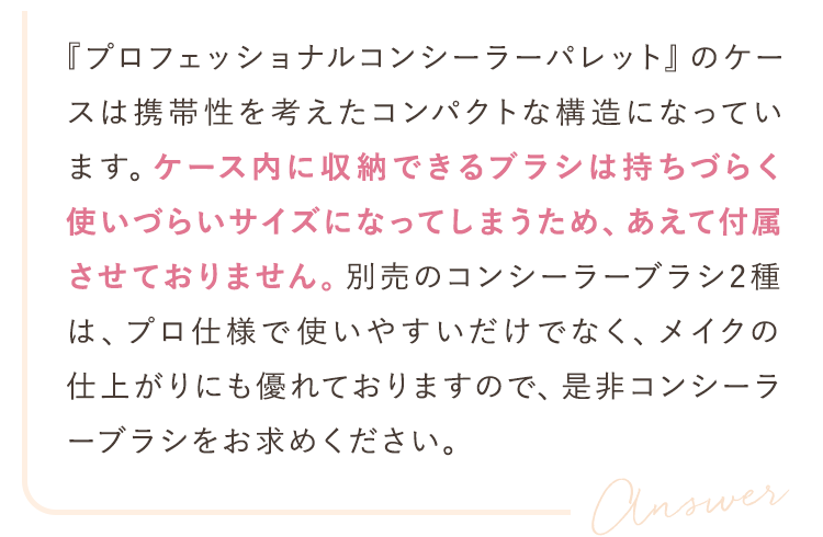 ケース内に収納できるブラシは持ちづらく使いづらくなってしまうため、あえて付属させておりません。