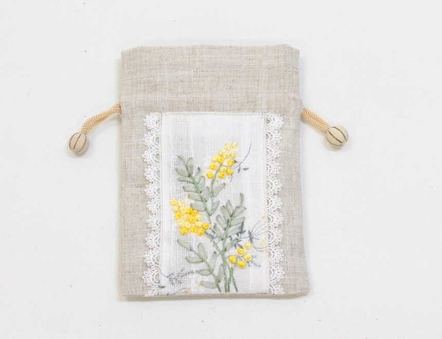 リボン刺繍 巾着　Ｍ 約13×18cm [mimosa]