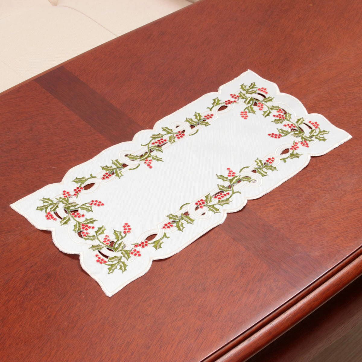 Xmas テーブルセンター ヒイラギ刺繍 約20×40cm｜インテリアレース