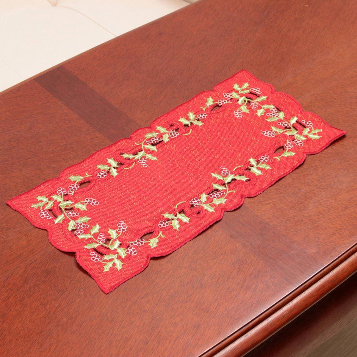 刺繍☆敷物 テーブルセンター(ステッチ▪色見本) Xmas テーブルセンター ヒイラギ刺繍 約20×40cm｜インテリアレース