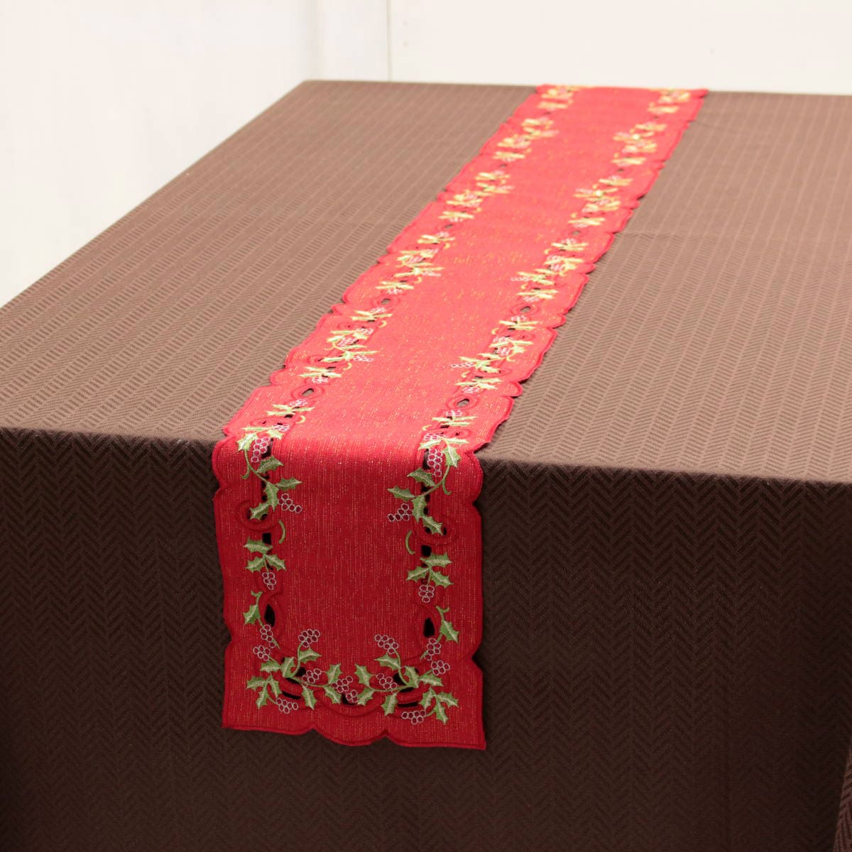 Xmas テーブルランナー ヒイラギ刺繍 約20×160cm｜インテリアレース