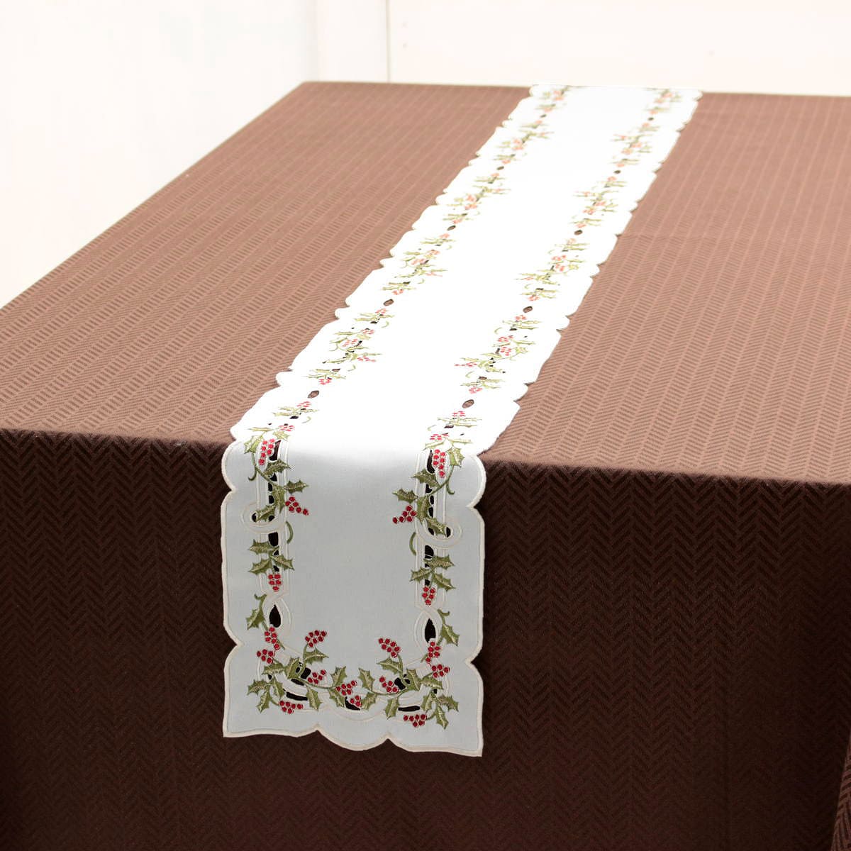 Xmas テーブルランナー ヒイラギ刺繍 約20×160cm｜インテリアレース