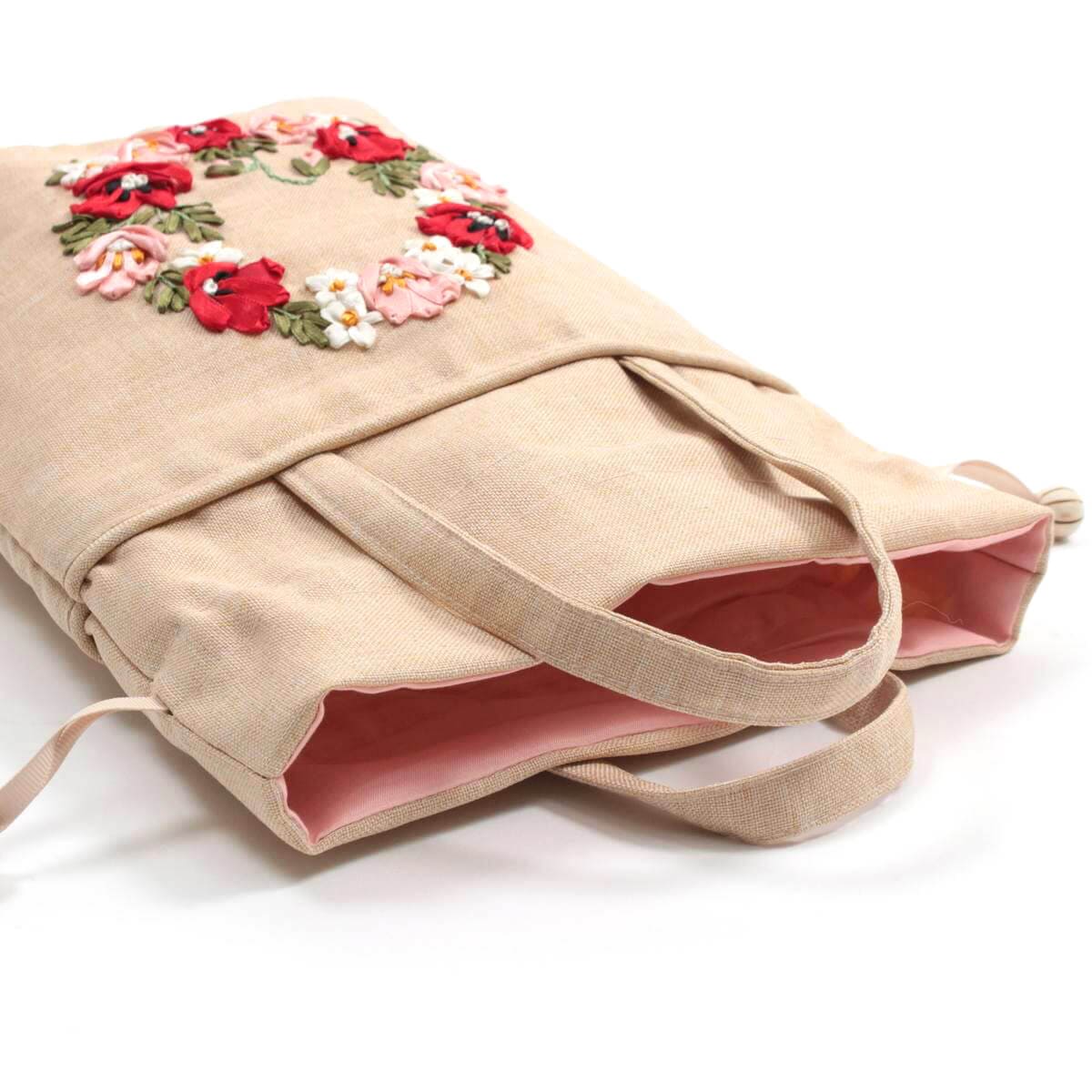 リボン刺繍 巾着型バッグ 約29×25×10cm [Flower friends]