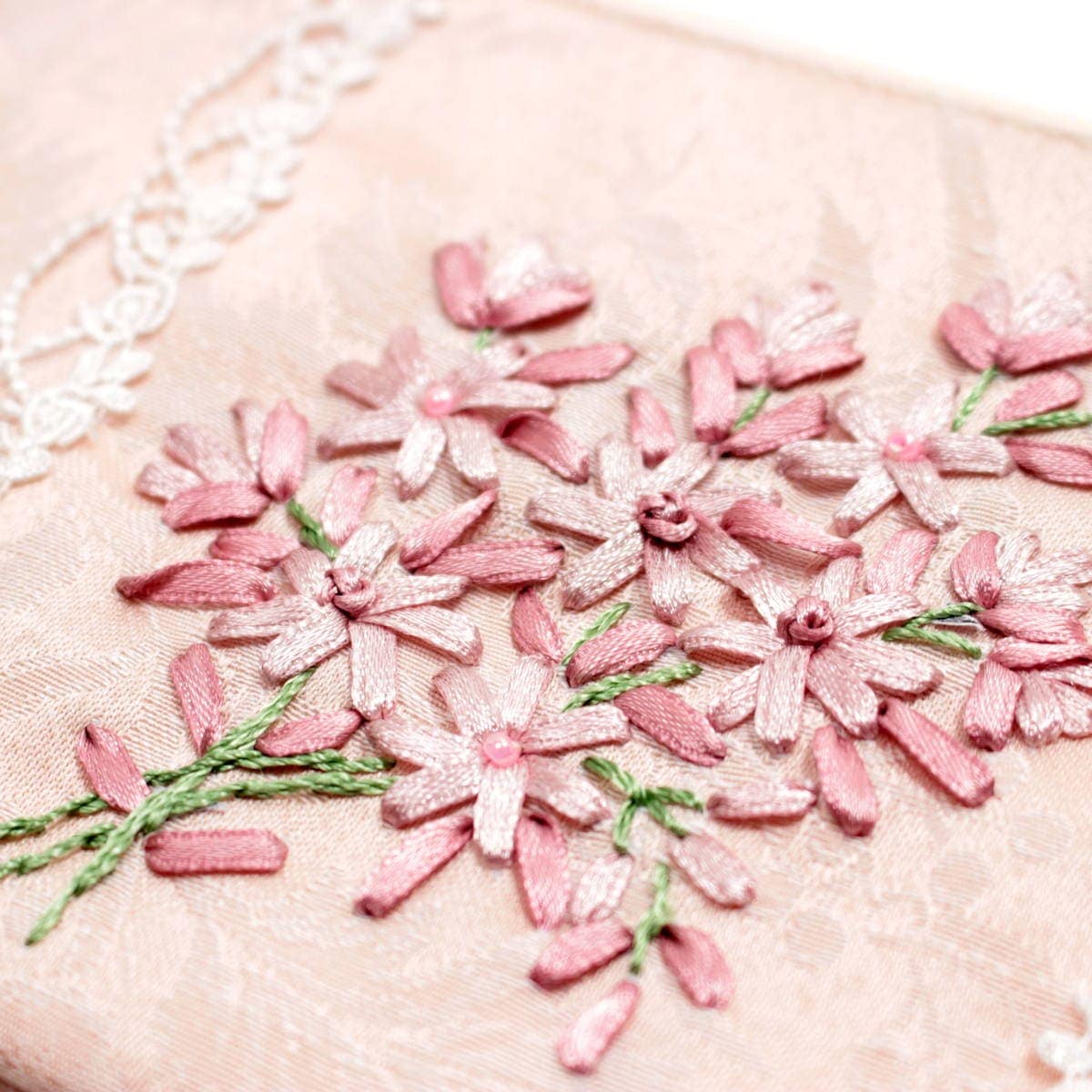 リボン刺繍 フラットポーチ 約12×20cm [Florette]｜インテリアレース