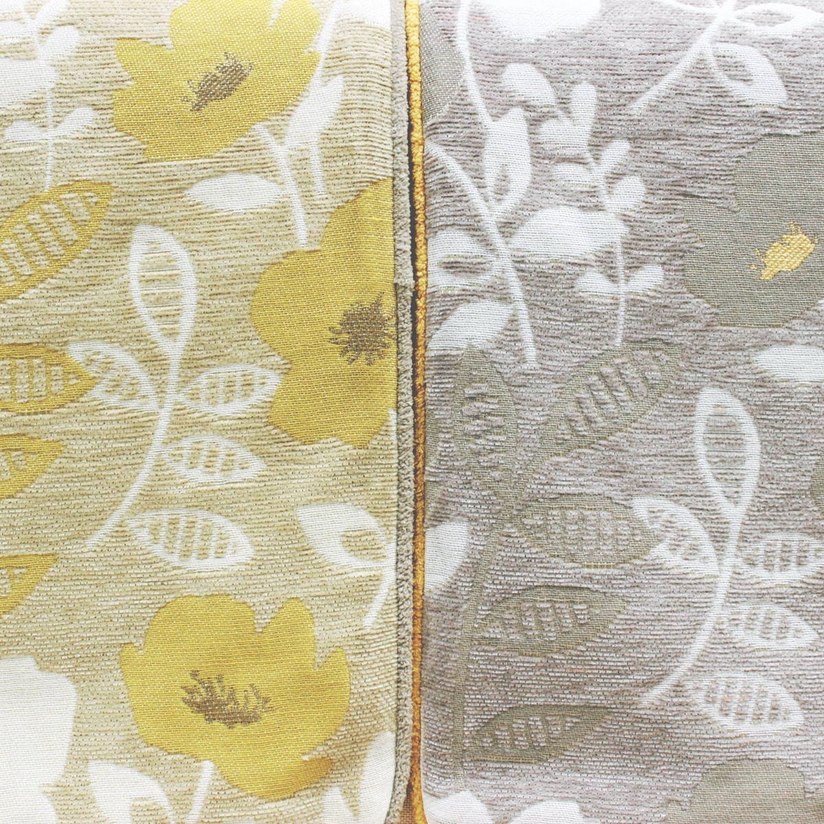 イエローベースの柄生地にグレーの無地生地を組み合わせたタイプとグレーベースの柄生地にイエローの無地生地を組み合わせたタイプをご用意 アミブルージュ,amibrugge,インテリアレース,ファブリック,シェニール織