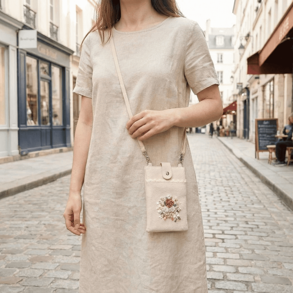 リボン刺繍ロゼ・リュバンのスマホポシェット アミブルージュ,amibrugge,インテリアレース,ファブリック,ポーチ,バッグ