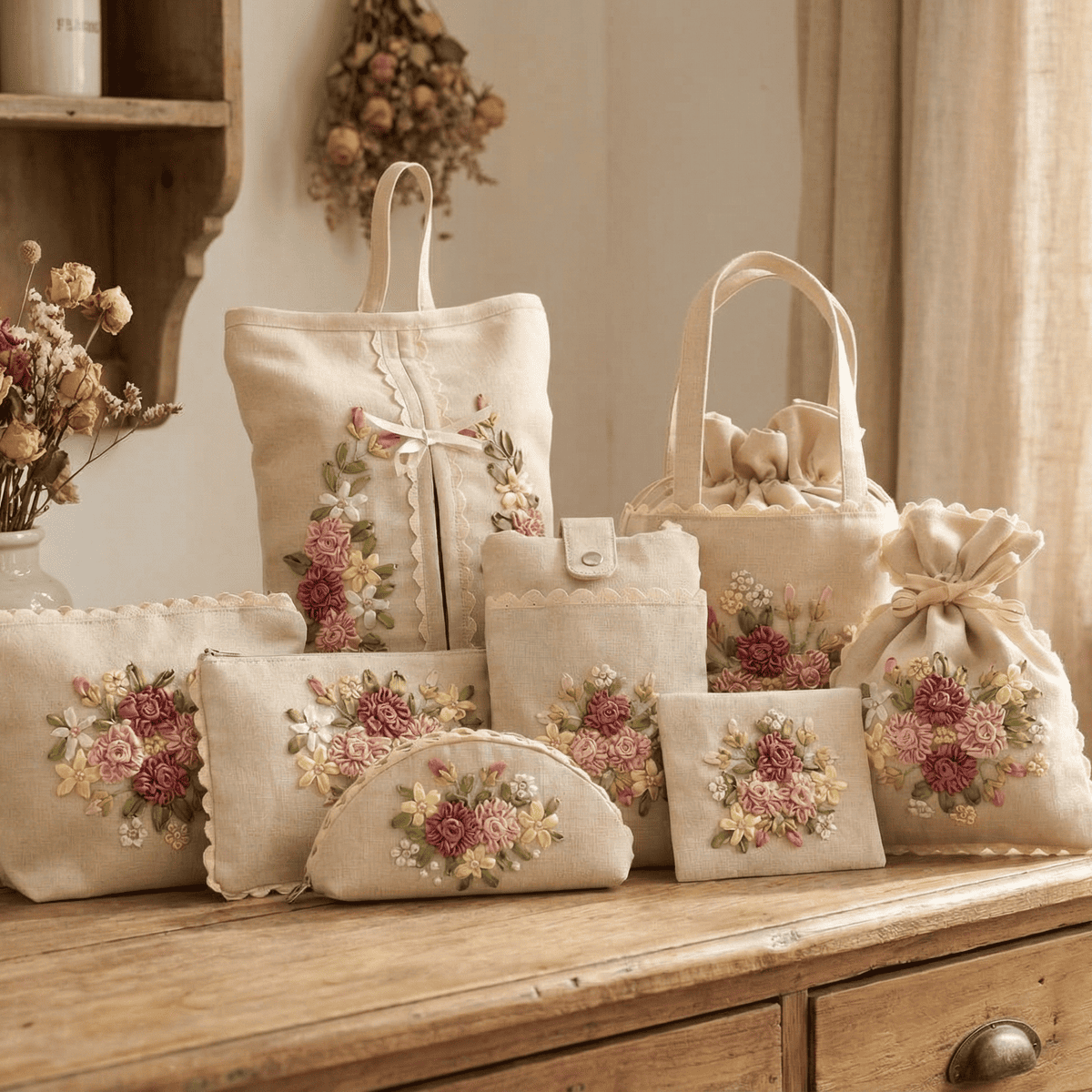 リボン刺繍ロゼ・リュバンシリーズ アミブルージュ,amibrugge,インテリアレース,ファブリック,ポーチ,バッグ