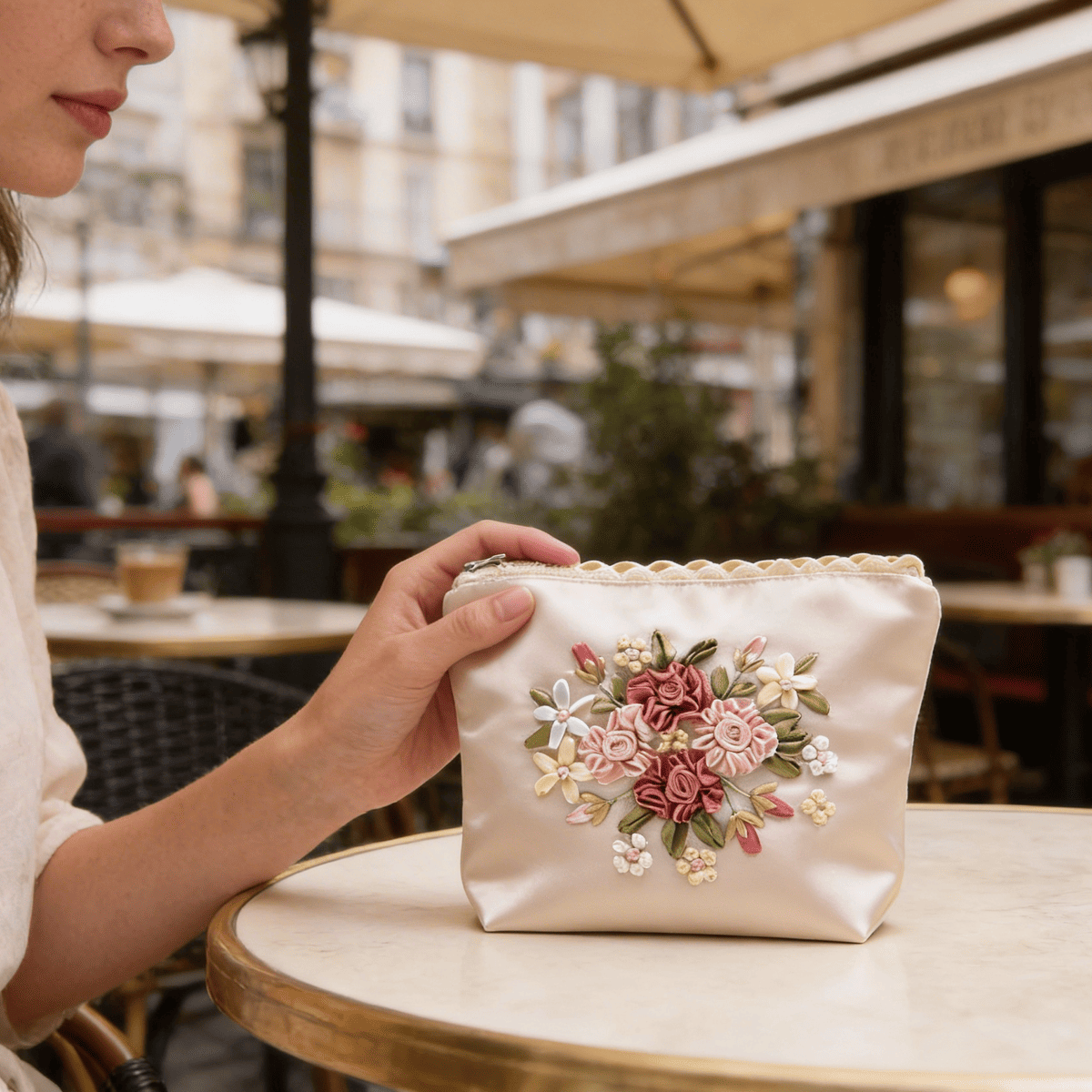リボン刺繍ロゼ・リュバンのジップポーチ アミブルージュ,amibrugge,インテリアレース,ファブリック,ポーチ,バッグ